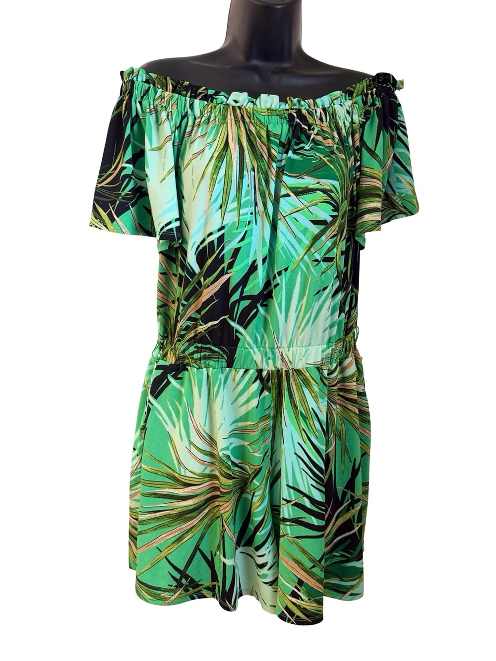 Emma & Michele Green Tropical Off-Shoulder Kids One-Piece Runs Big fit up to XL